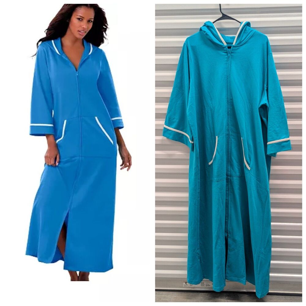 Dreams‎ & Co. Teal Blue 3/4 Sleeve Hooded French Terry Robe Plus Size 1X (18/20)
